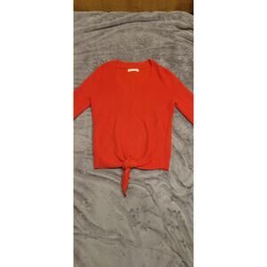 By Anthropologie Women's Tie Front Sweater XS Ribbed Orange Knit Cropped V neck